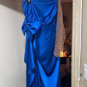 Elegant Blue Gown with Sheer Sleeve